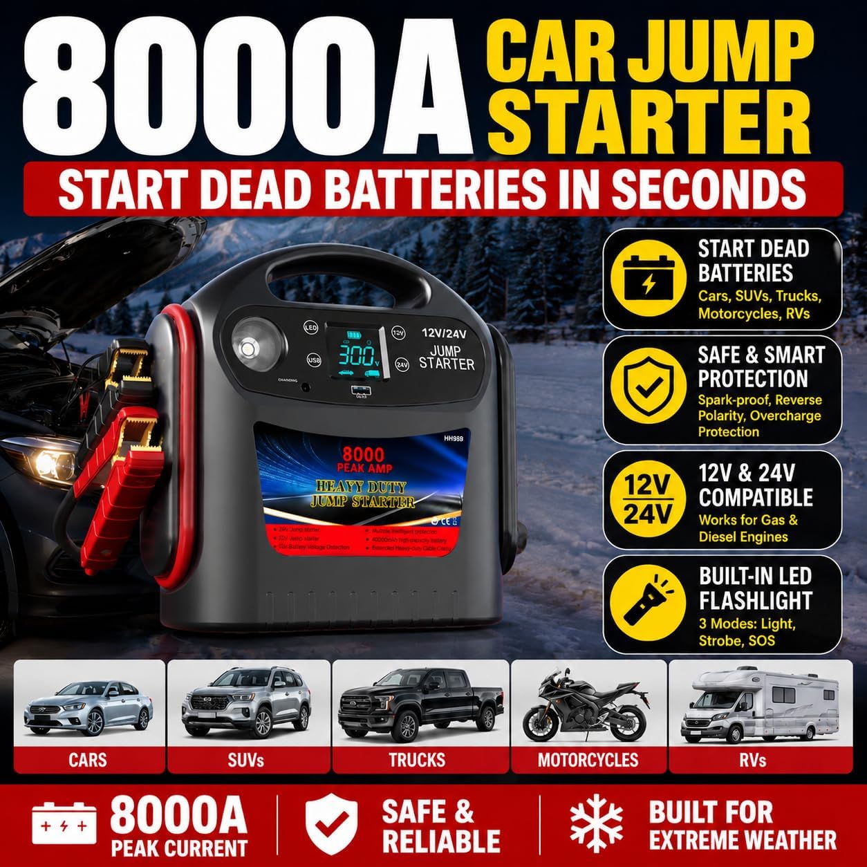 8000A Car Battery Jump Starter, Heavy Duty Jump Box for Gas & Diesel Vehicles, 12V/24V Portable Power Pack with LED Light for Trucks, SUVs, Commercial & Diesel Engines
