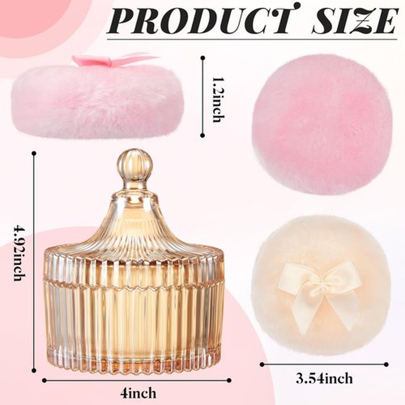 Tioncy 3 Pcs Large Body Powder Puff and Container Powder Container with Puff Powder Puff Crystal Container Soft Washable Reusable Velour Face Body Glitter Powder Puff Wet Dry Makeup(Amber,Simple)