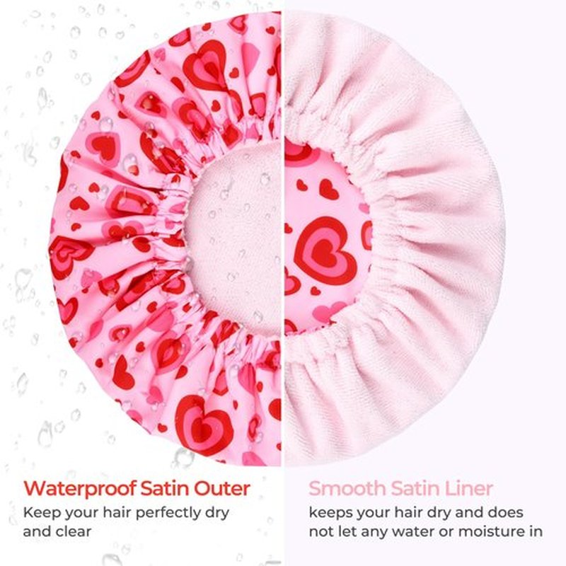 Shower Cap for Women Terry Lined Bath Cap Large Reusable Waterproof Elastic Band Pink Love Shower Caps for Long Thick Hair Soft Bath Shower Hair Caps