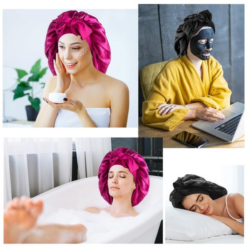 Arqumi Pack of 2 Satin Sleeping Bonnet, Large Satin Sleep Bonnet with Long Strap, Adjustable Sleep Cap Hair Bonnet for Women & Men, Black+Rosy