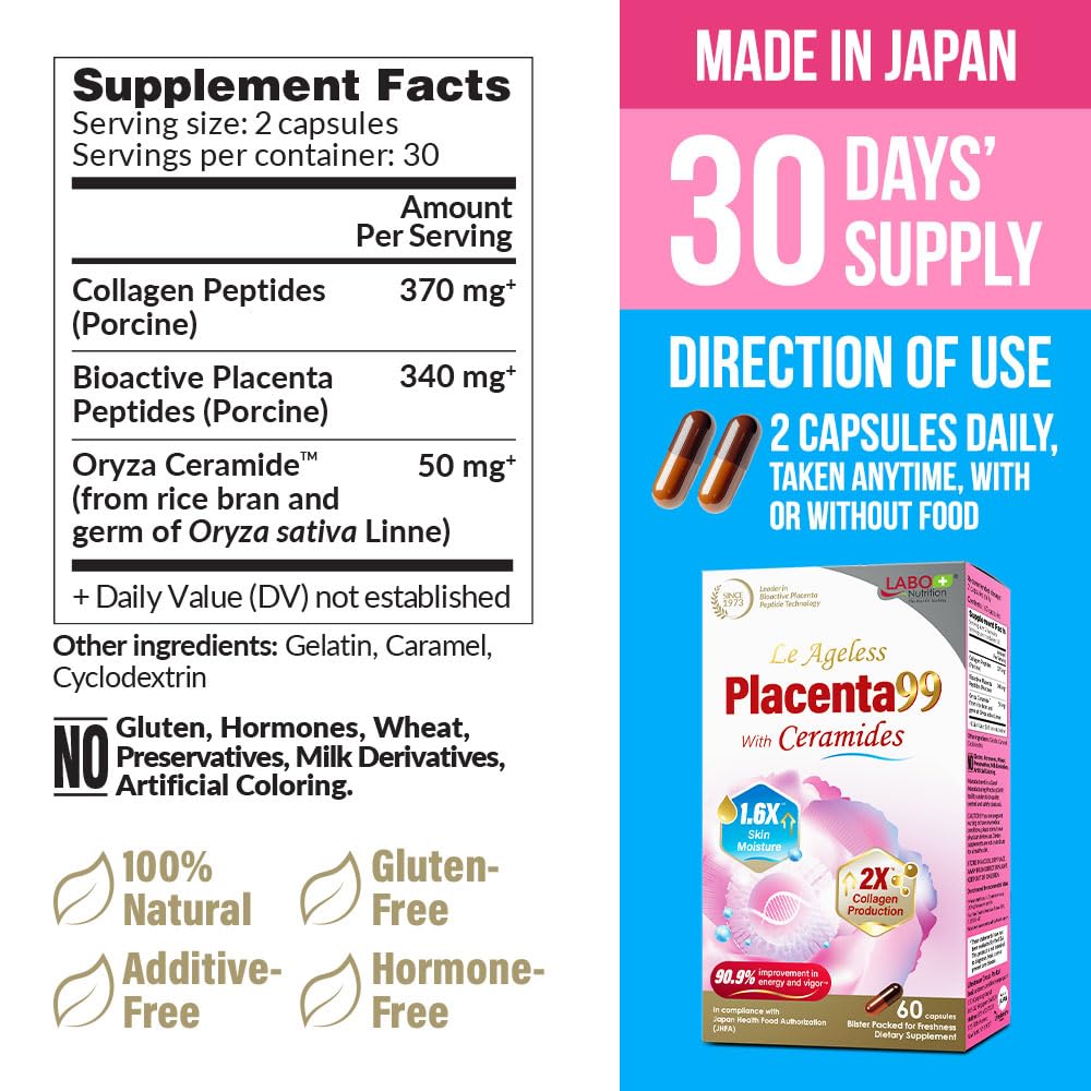 LABO Nutrition Le Ageless Placenta 99 with Ceramides -Placenta Supplement with Collagen Peptides, Oryza Ceramides-Skin Regeneration, Hydration, Anti-Aging Wrinkle Support, Immune Health, 60 Capsulesx3