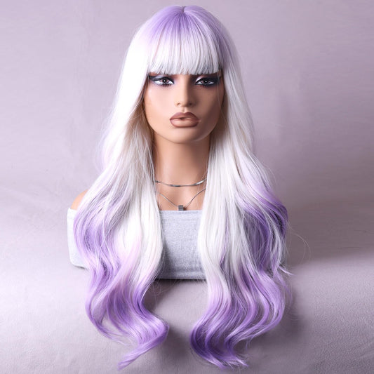 RightOn Purple Ombre Wig Long Wavy Wig Ombre Purple Wig with Bangs Purple Wigs with Wig Cap