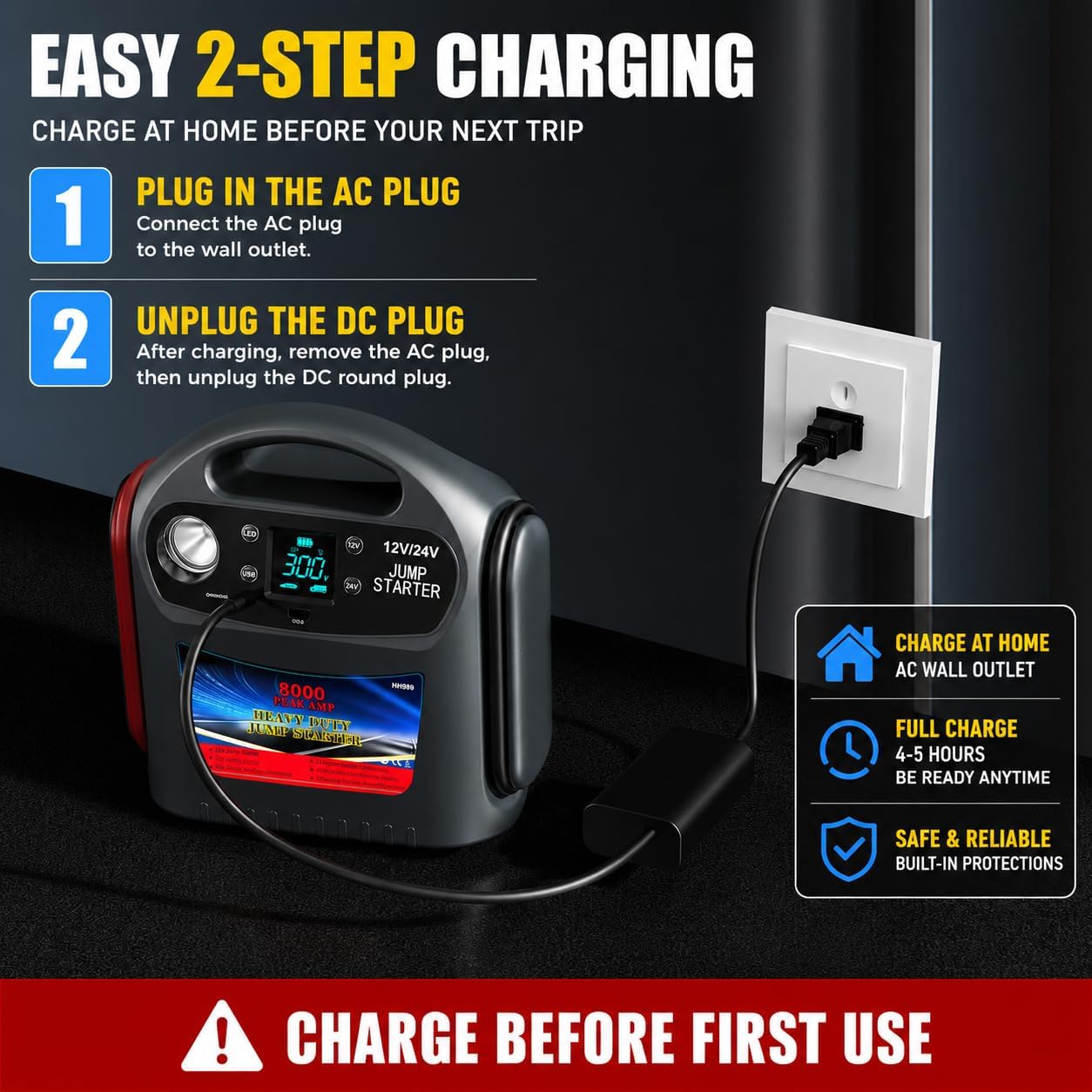 8000A Car Battery Jump Starter, Heavy Duty Jump Box for Gas & Diesel Vehicles, 12V/24V Portable Power Pack with LED Light for Trucks, SUVs, Commercial & Diesel Engines