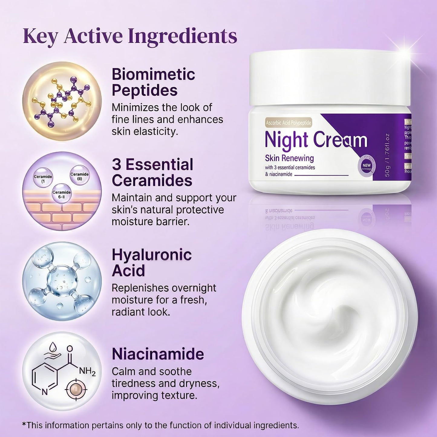Skin Renewing Night Cream Face Moisturizer with Niacinamide, Peptide Complex, Hyaluronic Acid & Ceramides | Visibly Reduces Fine Lines & Enhances Skin Elasticity | For All Skin Types, 1.76 fl.oz