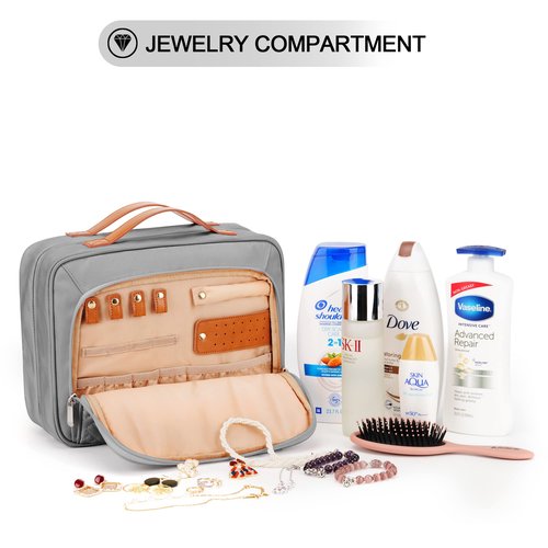 COOSKY Travel Hanging Toiletry Bag for Women, Holds Full-Size Shampoo, with Jewelry Organizer Compartment, Extra Large Makeup Bag, Waterproof Cosmetic Bag, Toiletries Kit Set with Trolley Belt, Grey
