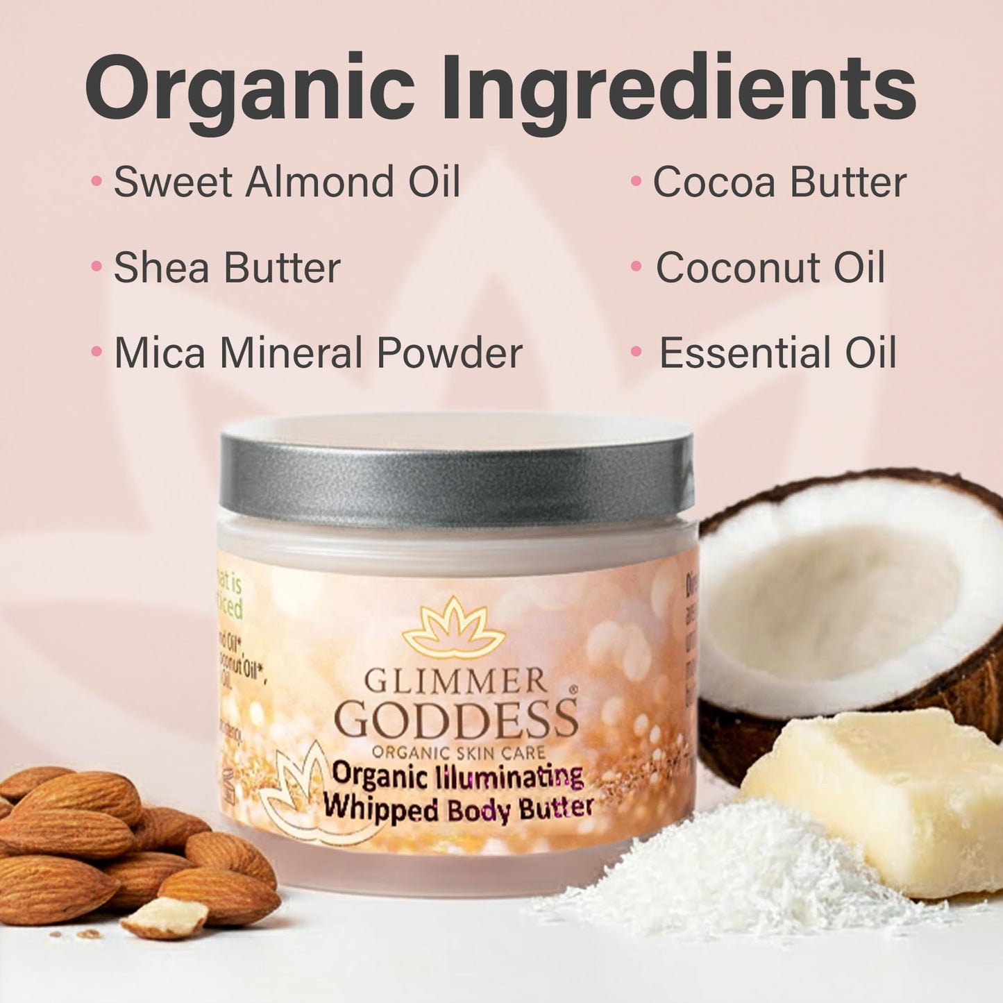 Glimmer Goddess Shimmer Body Butter with Organic Whipped Shea Butter for Hydration, Moisturizing & Silky Natural Glow - Diamond Sexy, 2 oz