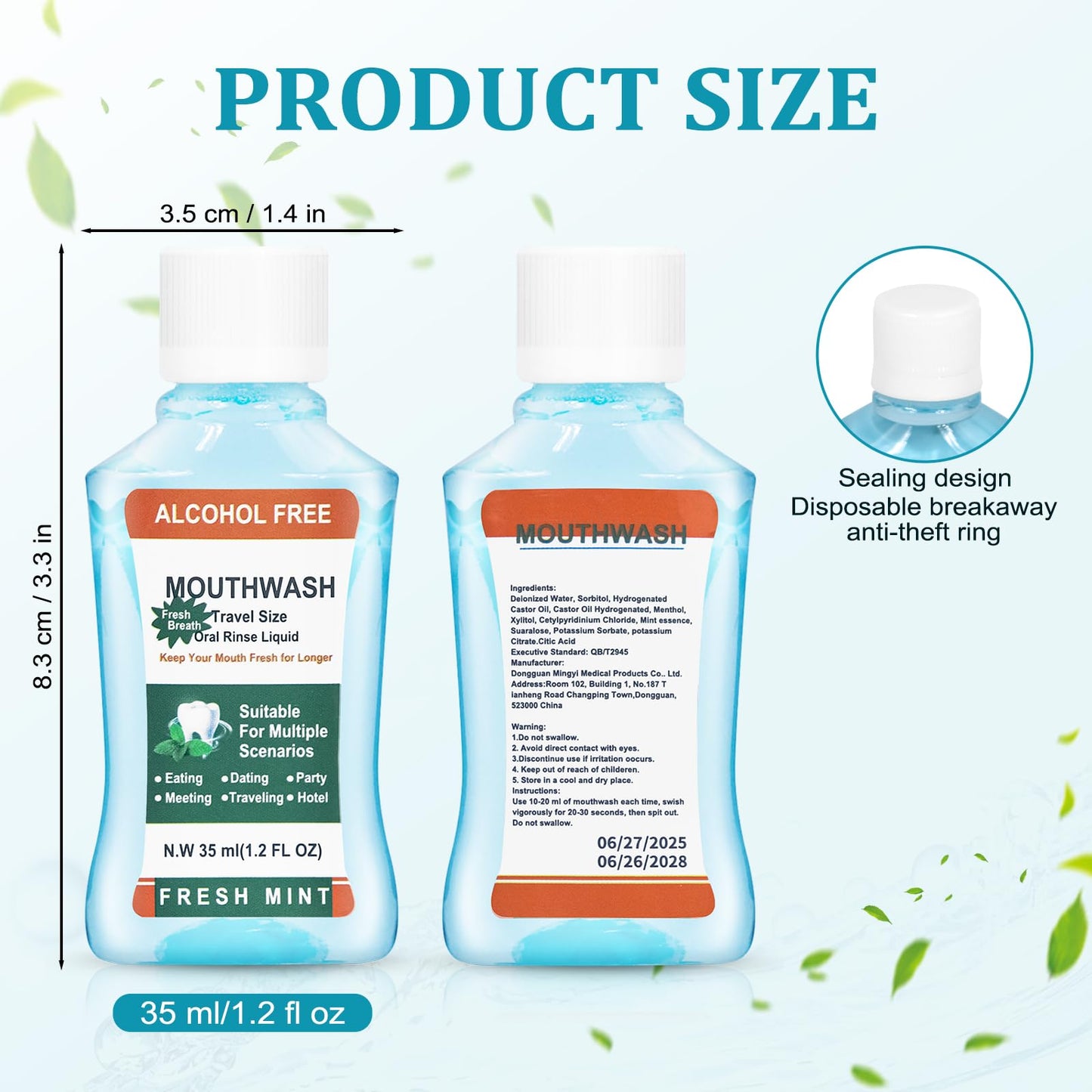 Mini Mouthwash Travel Size Bulk Pack of 50,Portable Mint Mini Mouthwash Bulk 35ml/1.2 Fl Oz Individual Small Mouth Wash for Travel,Hotel,Office,Toiletry Kits