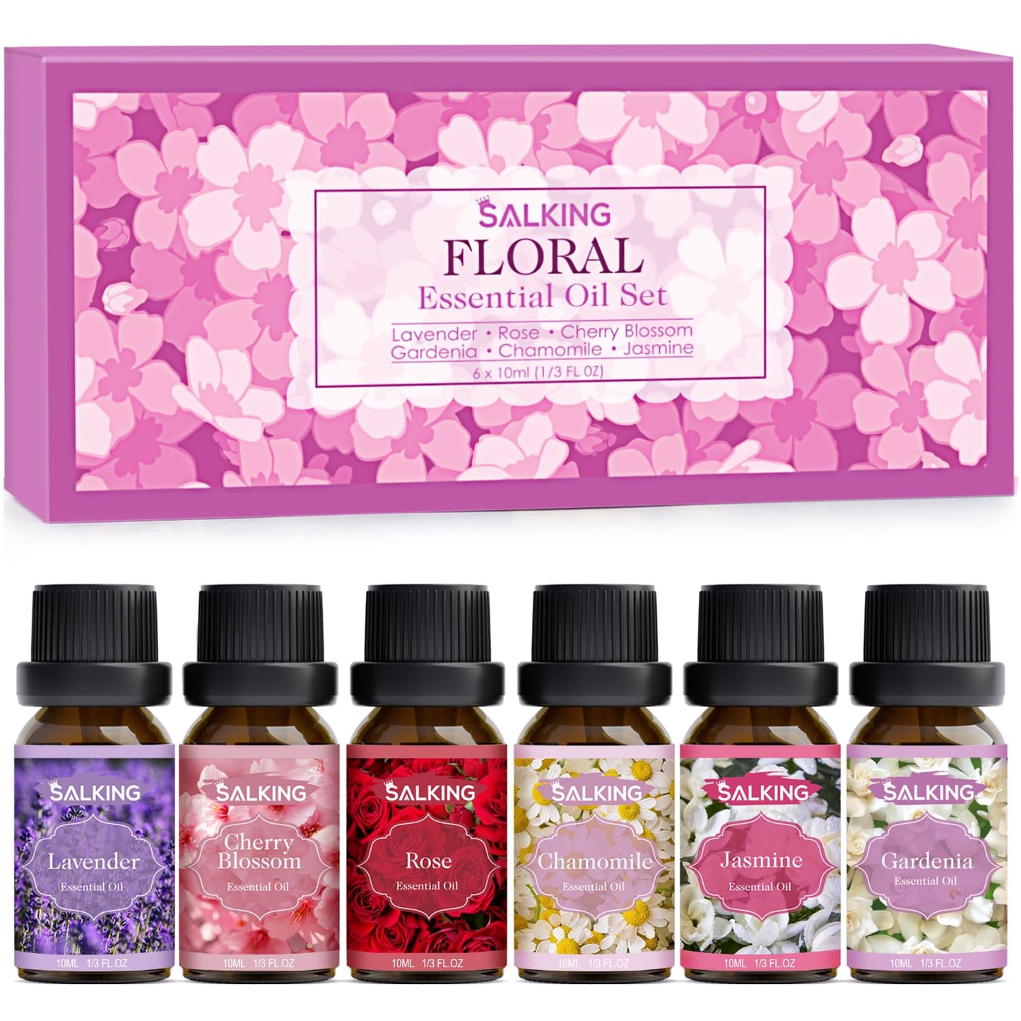 SALKING Floral Essential Oils Set, Premium Pure and Natural Essential Oils, Fragrance Oil Scented Oils for Oil Diffusers 6 x 10 ML - Lavender, Rose, Jasmine, Cherry Blossom, Gardenia, Chamomile