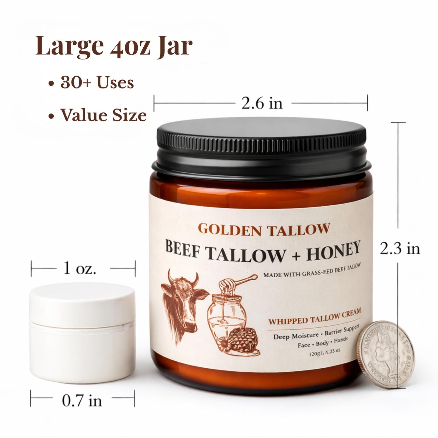 Golden Tallow Whipped Tallow Honey Balm for Face & Skin, Beef Tallow Moisturizer Cream, Tallow Face Moisturizer, Tallow and Honey Balm, Deep Moisture for Dry Skin, 4.2 Oz