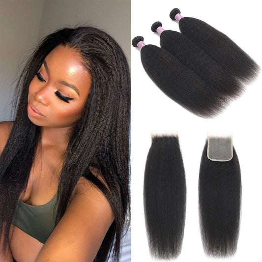 Vligcor Kinky Straight Human Hair Bundles With 4x4 Lace Closure Free Part 14 14 14+12 Inch Natural Black 100% Unprocessed Brazilian Virgin Yaki Straight Hair Extensions (14 14 14+12Closure)