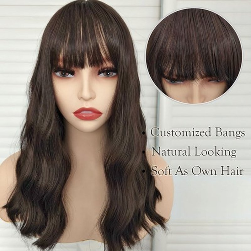 curldiva Brown Wavy Bob Wigs with Bangs 16inch Natural Brown Curly Wig Middle Part Simulated Scalp Heat Resistant Synthetic Hair for Daily Wearing