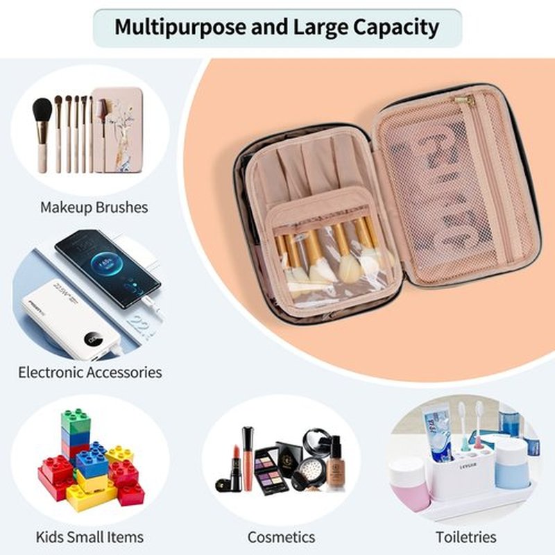 OCHEAL Makeup Bag, Potable Make up Bag Cute Makeup Organizer Bag for Toiletry Cosmetics Accessories with Divider and Brushes Compartments, Makeup Travel Case Cosmetic Bags Women and Girls- Black