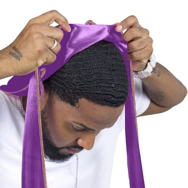 ForceWave Silky Durag for Men Wave Cap Satin Dorag for Men Women 360 Wave (Purple with Gold Seam)