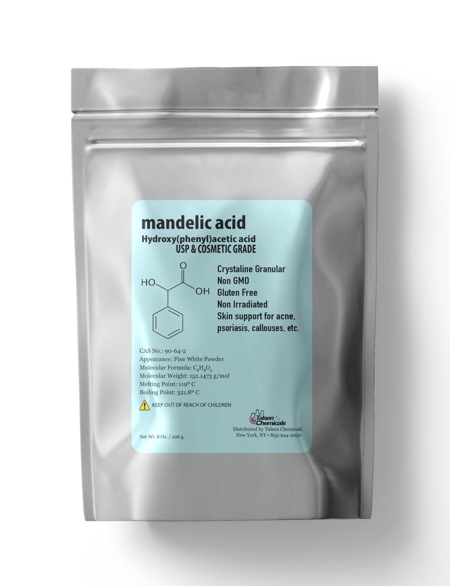 Talsen Chemicals Mandelic Acid Powder 99.9% Purity, DIY Cosmetic Grade For Mandelic Acid Serum, Peel/Mask or add to Cream, Moisturizer (8 Ounce / 226 Gram)