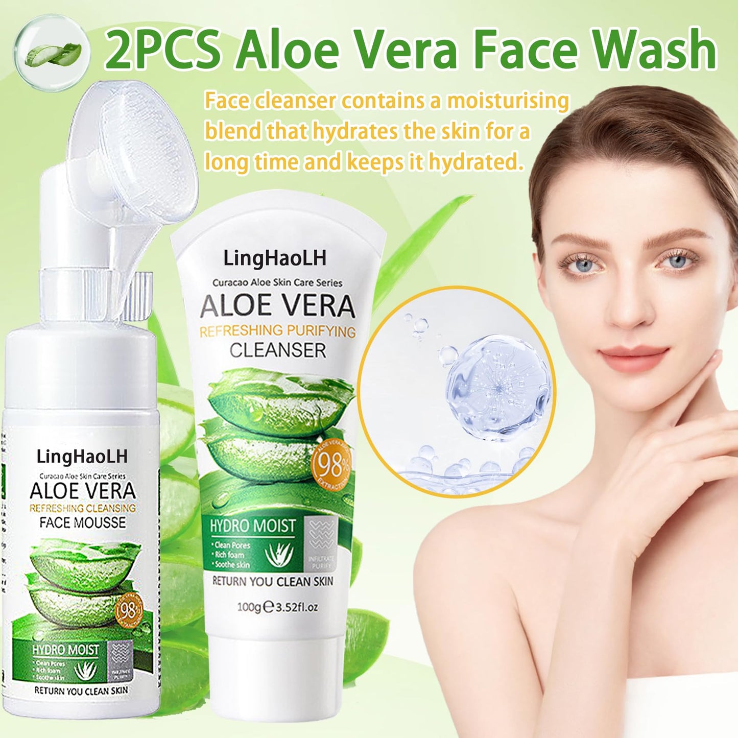 2PCS Aloe Vera Face Wash,Hydrating Gentle Facial Foam Cleanser with Brush,Deep Cleansing Long Lasting Oil Control Aloe Vera Face Foaming Cleanser for All Skin Types