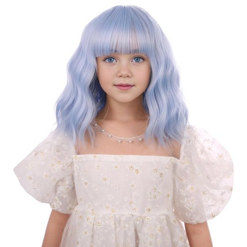 DUDUWIG Kids Light Blue Wig Girls Short Bright Blue Wavy Curly Wig Short Blue Wig with Air Bnags for Child Heat Resistant Synthetic Wig with Wig Cap