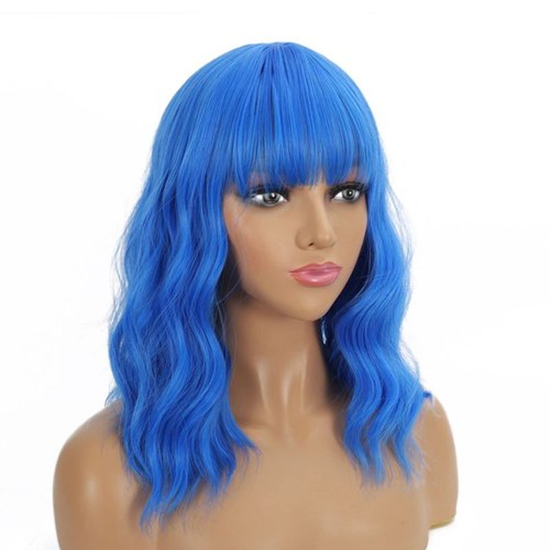 QACCF Short Wavy Shoulder Length Women Full Bang Heat Resistant Wig (Dark Blue)