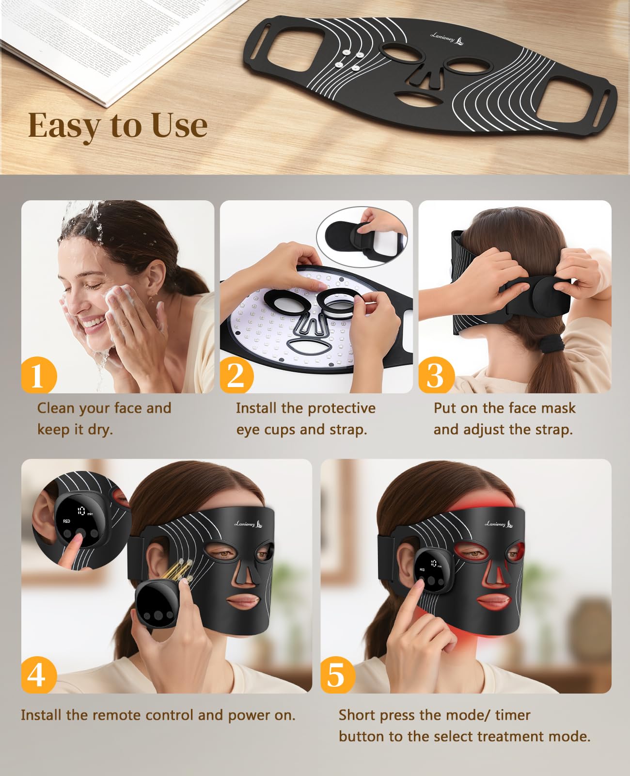 Lanieney Red Light Therapy for Face, Red Light Mask for Home Skincare,Black