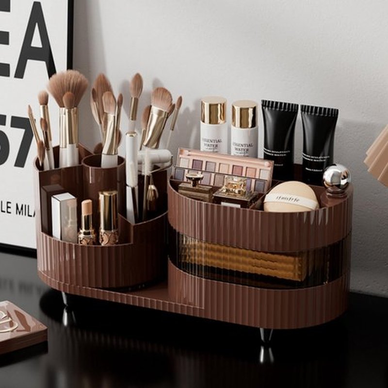 Rotating Large Capacity Cosmetic Display Case,Bathroom Counter Organizer Countertop Storage,Cosmetics Skincare Shelf Organizer (Coffee, L)