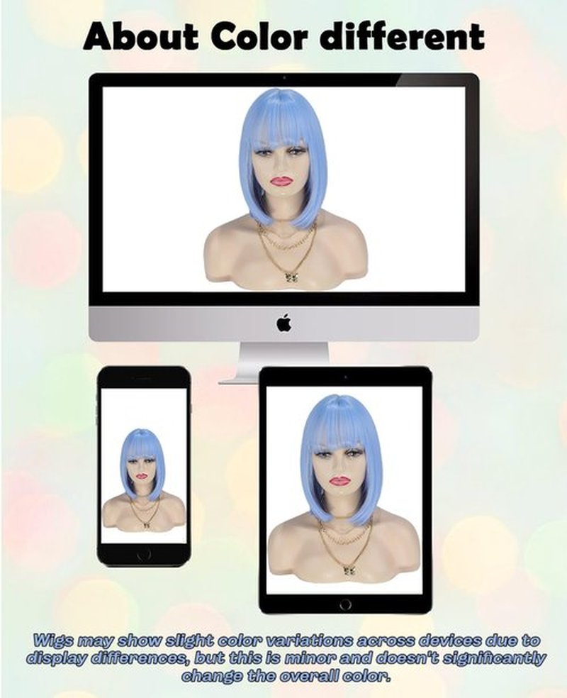 MaxlaceWig Blue Bob Wig with Bangs for Women, 12 Inch Short Light Blue Straight Bob Wigs, Natural Looking Synthetic Heat Resistant Fiber Wig for Girls Daily Party Use, Light Blue Colorful Cosplay Wig