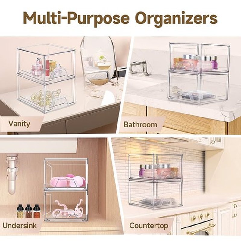 Damomo 2 Pack Stackable Organizer Drawers, Clear Bathroom Makeup Organizer and Storage, Acrylic Plastic Organizers Bins for Vanity, Undersink, Bathroom, Pantry, Kitchen Cabinets