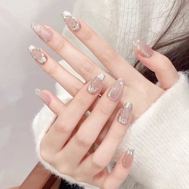 Lurenia • Lxssie Handmade Press On Nails Gift Set for Women,Reusable Cat Eye Nude Color with Hand-Painted Silver Texture - Nail Artist Designed (EXTRA SMALL-Cat Eye Nude Color, )