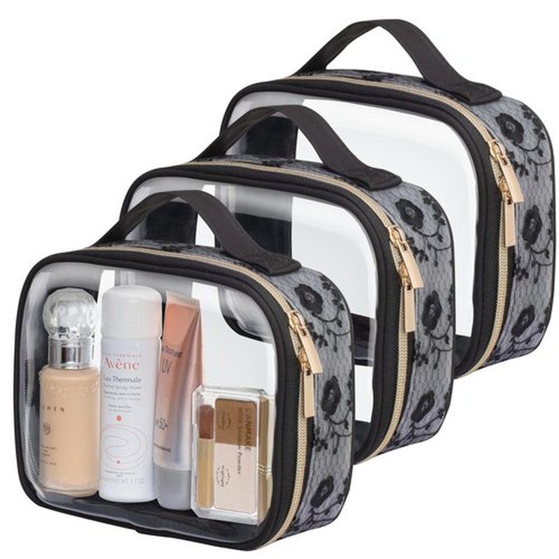 PACKISM TSA Approved Toiletry Bag - 180° Large Opening Clear Makeup Bags with Handle, Easily Access, Floral Texture Lace Clear Toiletry Bags for Traveling, Thick 0.5 mm No Smell, Black