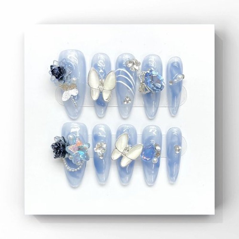 Wsliana Handmade Press On Nails - Long Almond Shape in Sky Blue with 3D Embossed Rose Design, 10pcs Glue On Acrylic Fake Nails with Storage Box | Stylish & Long-Lasting Nail Kit (057 S)