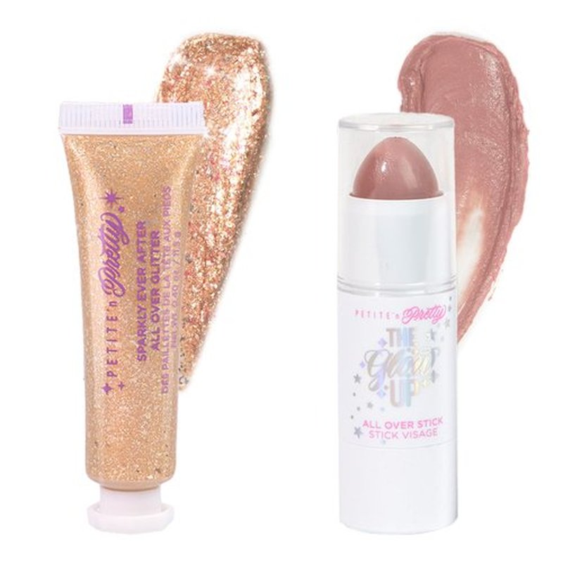Petite N Pretty Glitter Makeup Set - Shimmering Glitter for Eyes, Cheeks, and Body - Glow Up Stick & All-Over Glitter in Pink Sherpa Bag for Kids, Teens, and Tweens (Bronze)