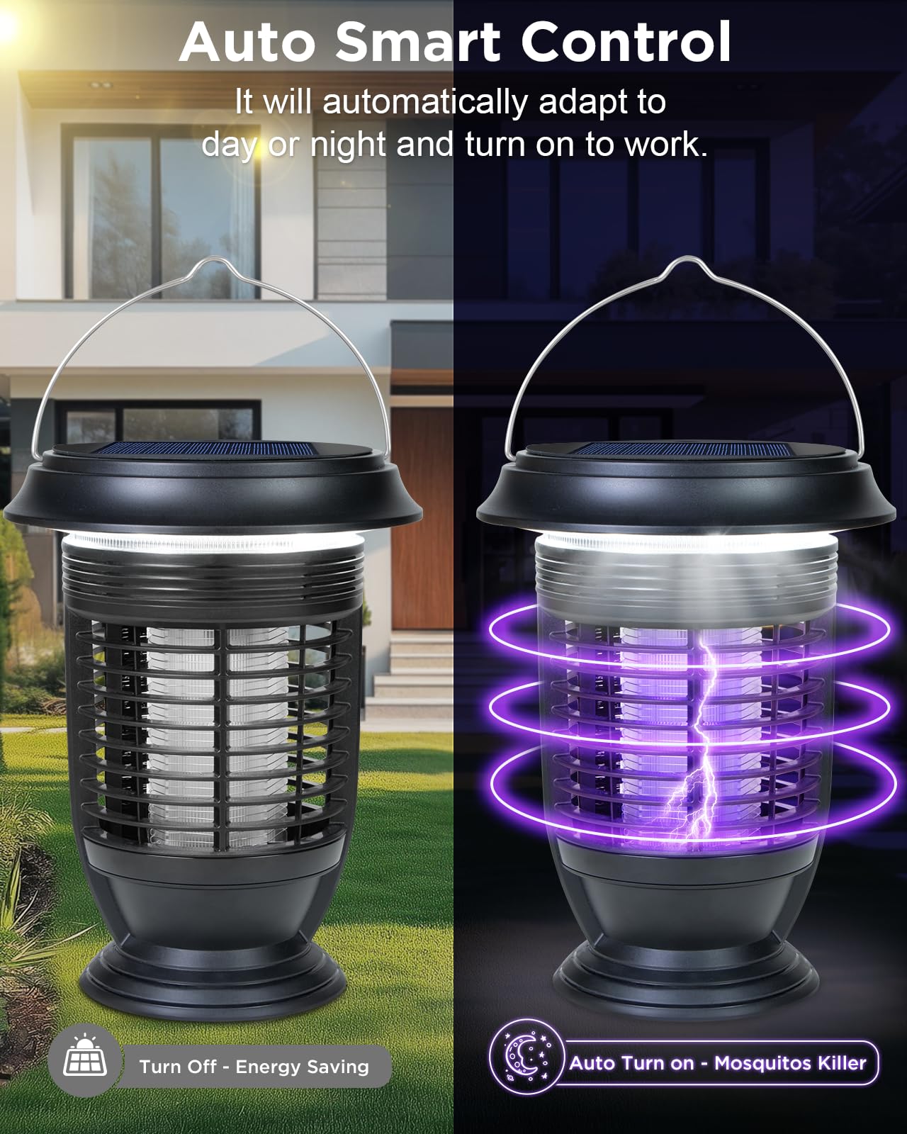 Xuoity Solar Bug Zapper Outdoor Indoor Waterproof, 2 in 1 Mosquito Killer with LED Light, Rechargeable Cordless Fly Zapper with Panel Sensor, Electric Camping Light for Patio, Backyard, Garden