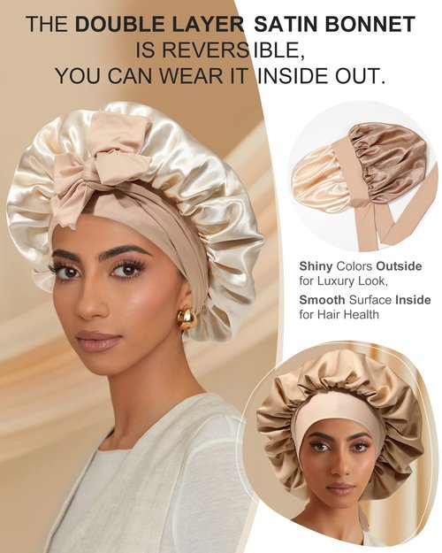 Satin Bonnet for Women Silk Bonnets for Sleeping Curly Hair Bonnet with Elastic Tie Band Reversible Double Layer Sleep Cap Hair Wrap (Brown + Champagne)
