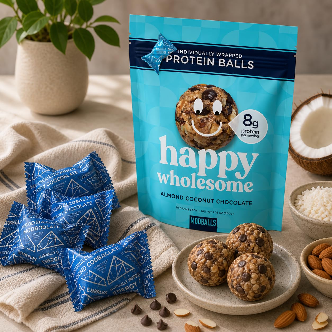 Happy Wholesome Almond Coconut Chocolate Protein Balls, 10 Count