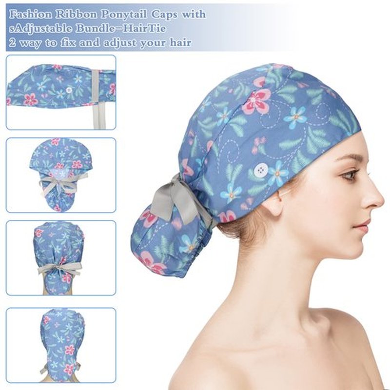 Honoson 6 Pcs Scrub Caps Women Nursing Hats with Buttons Adjustable Bouffant Nurse Ponytail Holder Turban (Cute Patterns)