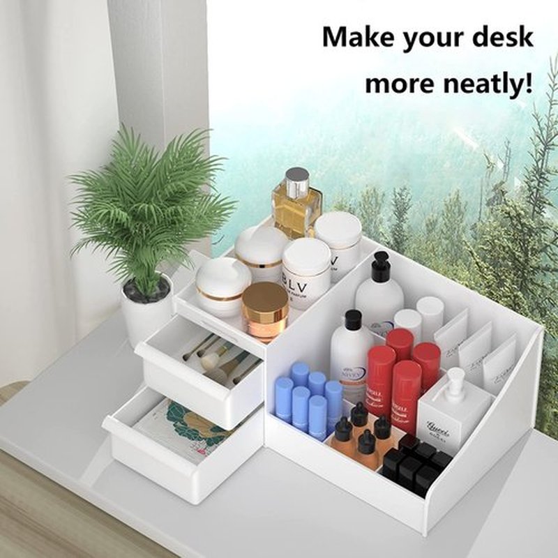 Simbuy Makeup Organizer With Drawers — Countertop Organizer for Cosmetics, Vanity Holder for Lipstick, Brushes, Lotions, Eyeshadow, Nail Polish and Jewelry (White)