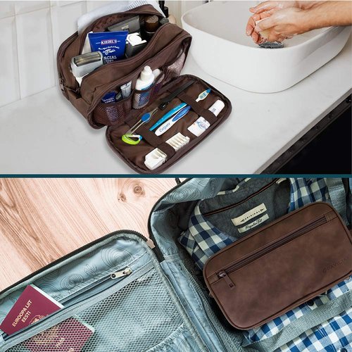 PAVILIA Toiletry Bag for Men, Travel Toiletries Bag | Water-resistant Dopp Kit, PU Leather Shaving Pouch Organizer for Accessories, Cosmetic, Hygiene, Grooming Essentials (Dark Brown)