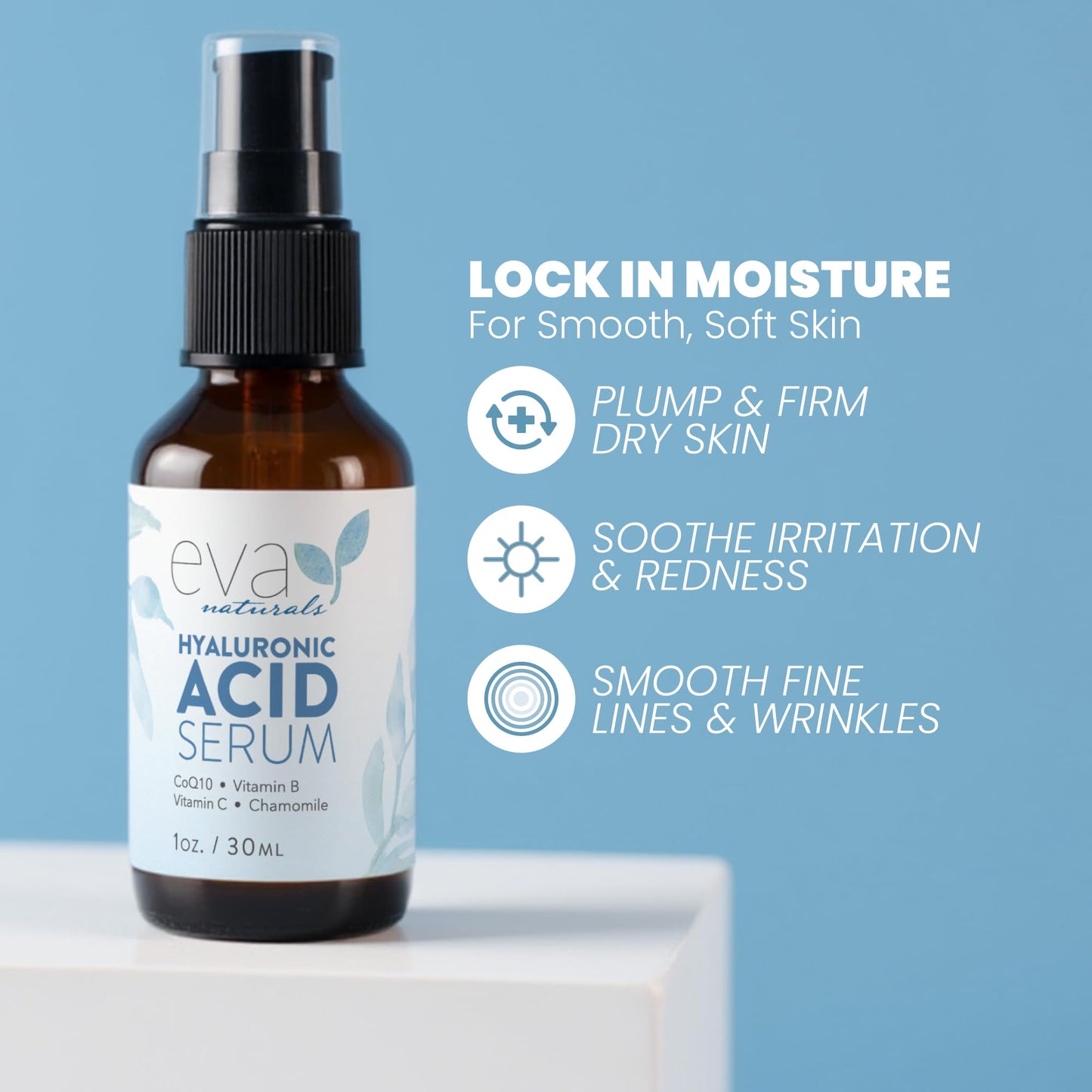 Eva Naturals Hyaluronic Acid Serum for Face – Pure Facial Gel with Natural Moisturizing Factors + HA – Anti-Aging Face Serum for Wrinkles, Fine Lines, Dry Skin, Lifted Glow – 1 oz