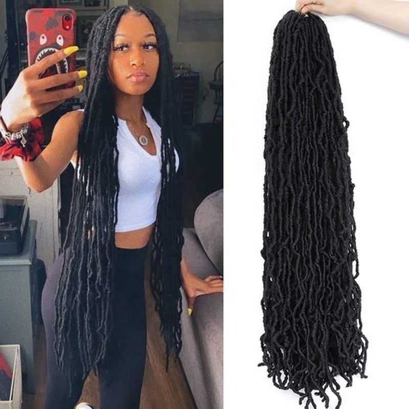 Faux Locs crchet hair 30inch 6packs Super Soft Long Locs Goddess Locs Crochet Hair Natural Pre Looped Natural Crochet Braid Curly Wave Braiding Hair（30inch #1b 6packs)