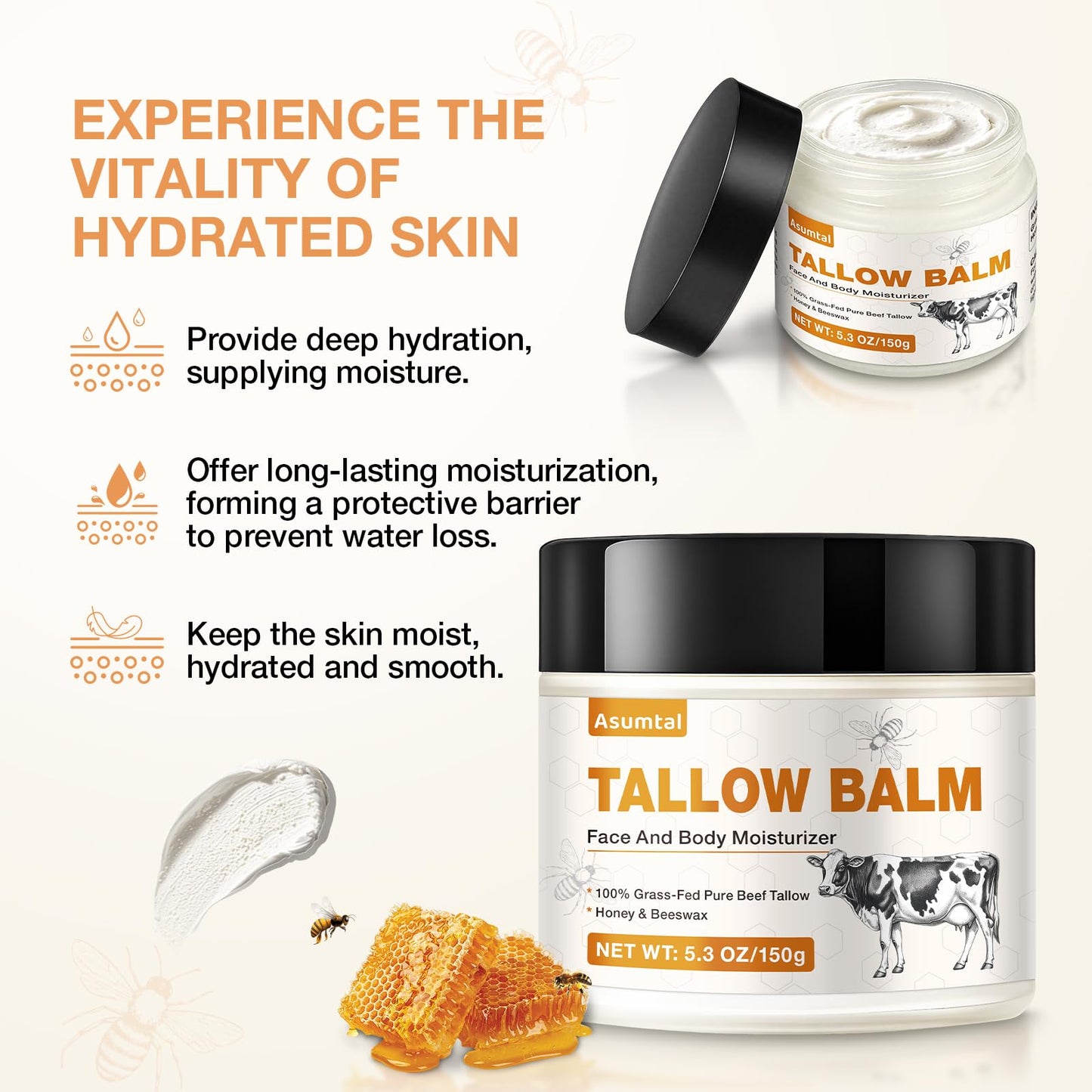 Asumtal Tallow and Honey Balm - Beef Tallow for Face & Skin Moisturizer, Deep Hydration for Dry & Sensitive Skin, Multi-Use Hydration for Night Cream & Full Body Care (5.3 Oz)