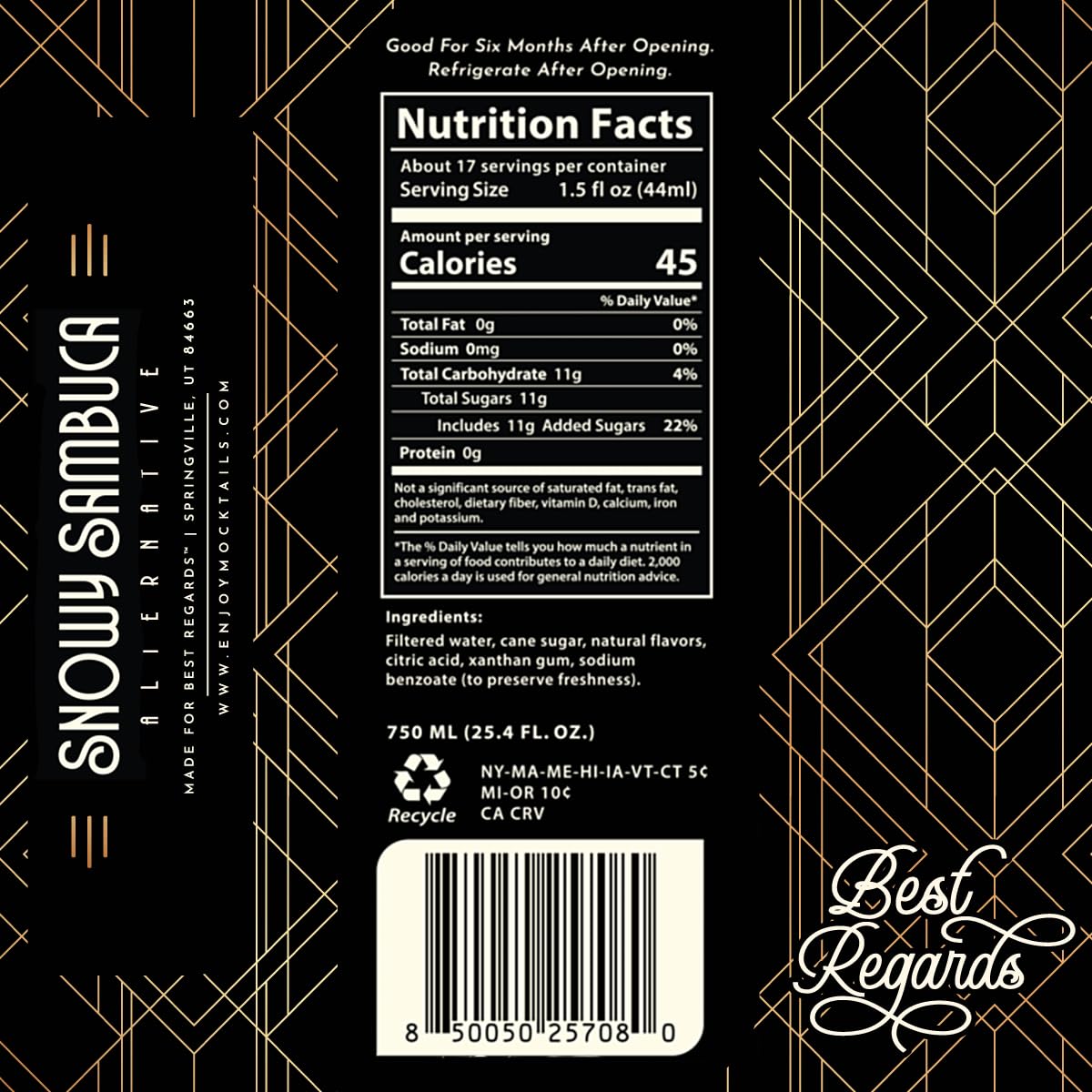 BEST REGARDS Snowy Sambuca | Non-Alcoholic Liqueur | The World’s Leading Developer of Non-Alcoholic Spirits, Liqueurs & Mocktails | 25.4 FL OZ (750 ML)