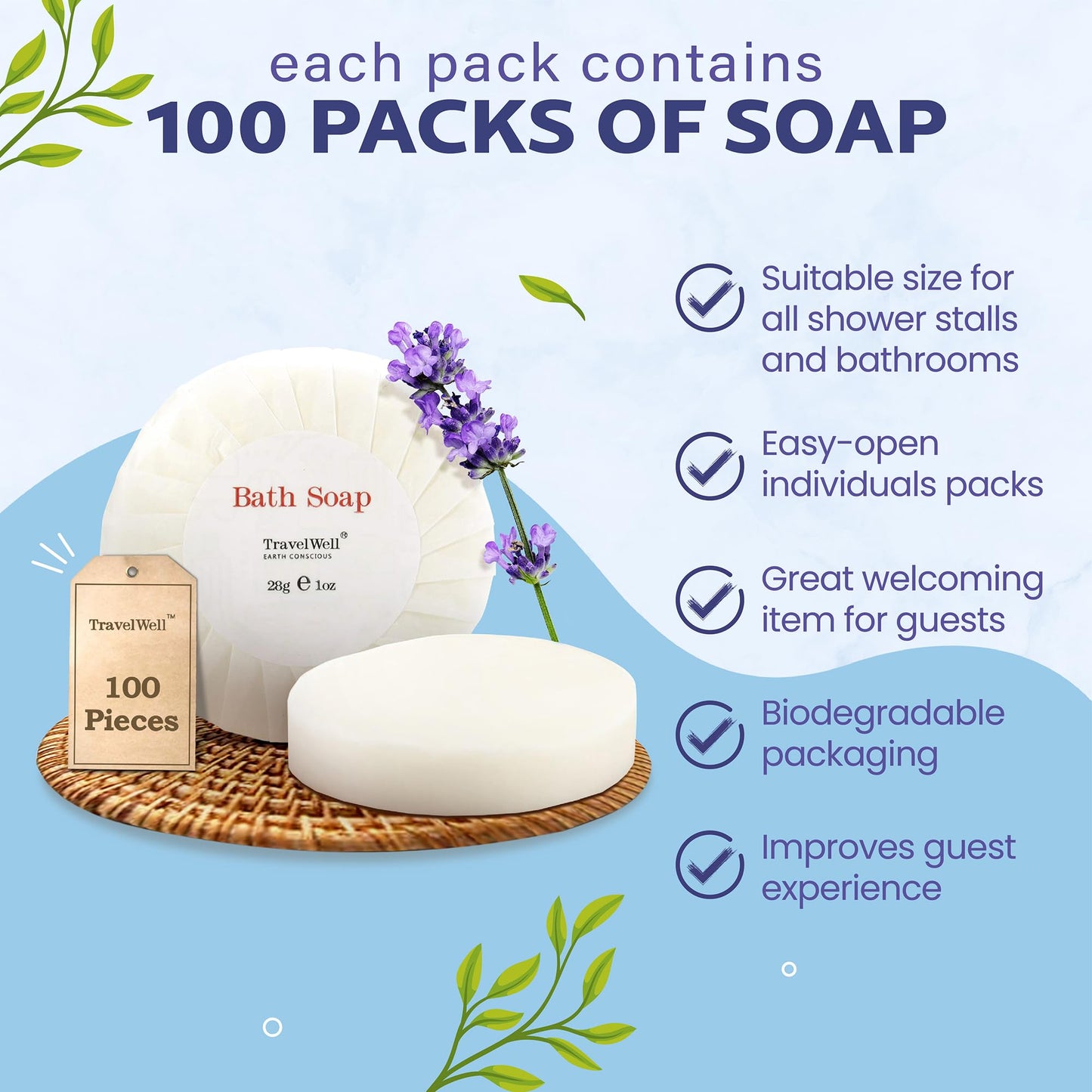 Travelwell Hotel Soap Bars - Individually Wrapped Bulk Hotel Soap - Gentle Paraben-Free Beauty Bar - Travel Mini Size - Pack of 100, 1 Oz