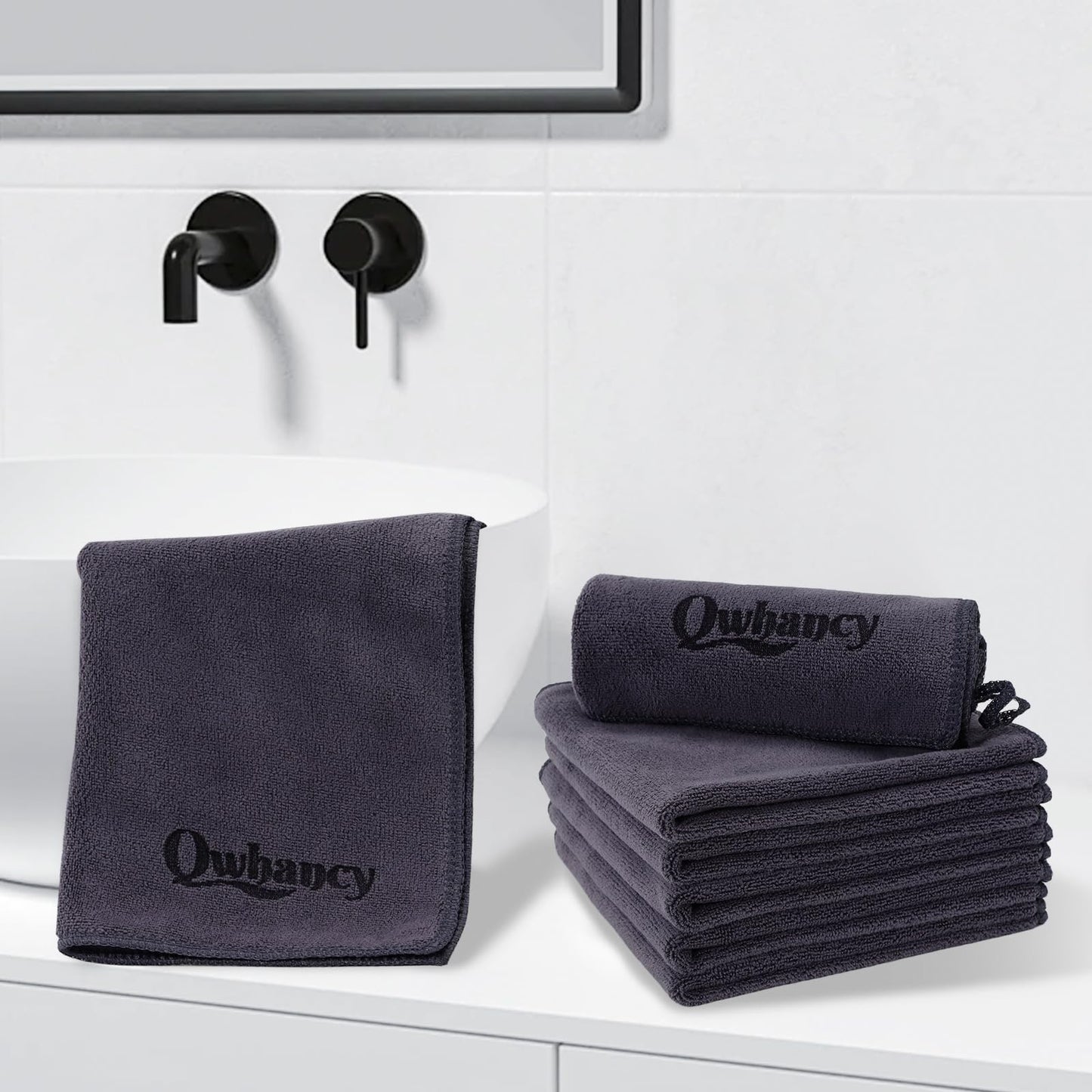 Qwhancy Makeup Remover Washcloths, 6 Pack Microfiber Face Towels, Plush & Thick, Ultra Soft Reusable Towels for Face & Hands, Highly Absorbent & Gentle 12 x 12 Inches, Black Gray
