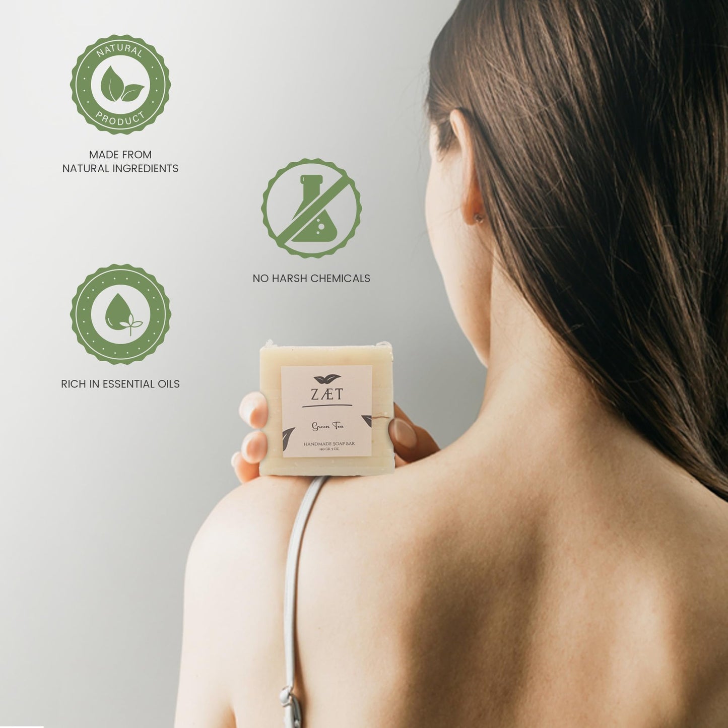 ZÆT Green Tea Soap Bar, 4 Pack Natural Handmade Bar Soap with Olive, Almond & Coconut Oil, Moisturizing Soap Bar for Hands & Body, Gentle Non Toxic Bath Soap for All Skin Types, 140g Each