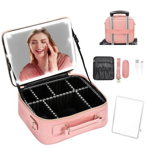 TOPACK Travel Makeup Bag with Led Mirror and Portable Makeup Train Case Led Bags with Mirror Organizer Bag Travel Gifts for Her Women Bestie Pink