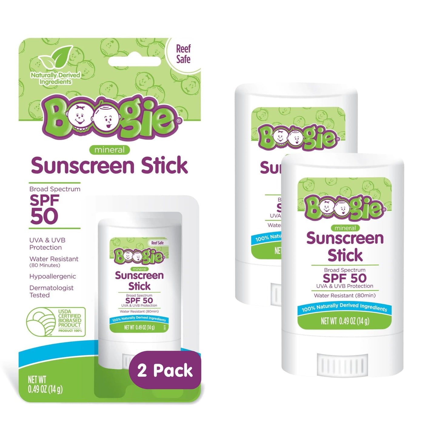 Boogie Mineral Sunscreen Stick SPF 50 - (2 Pack) 0.49 oz - Sunscreen for Kids - Broad Spectrum UVA & UVB Protection - Water Resistant - Hypoallergenic - 100% Naturally Derived Ingredients