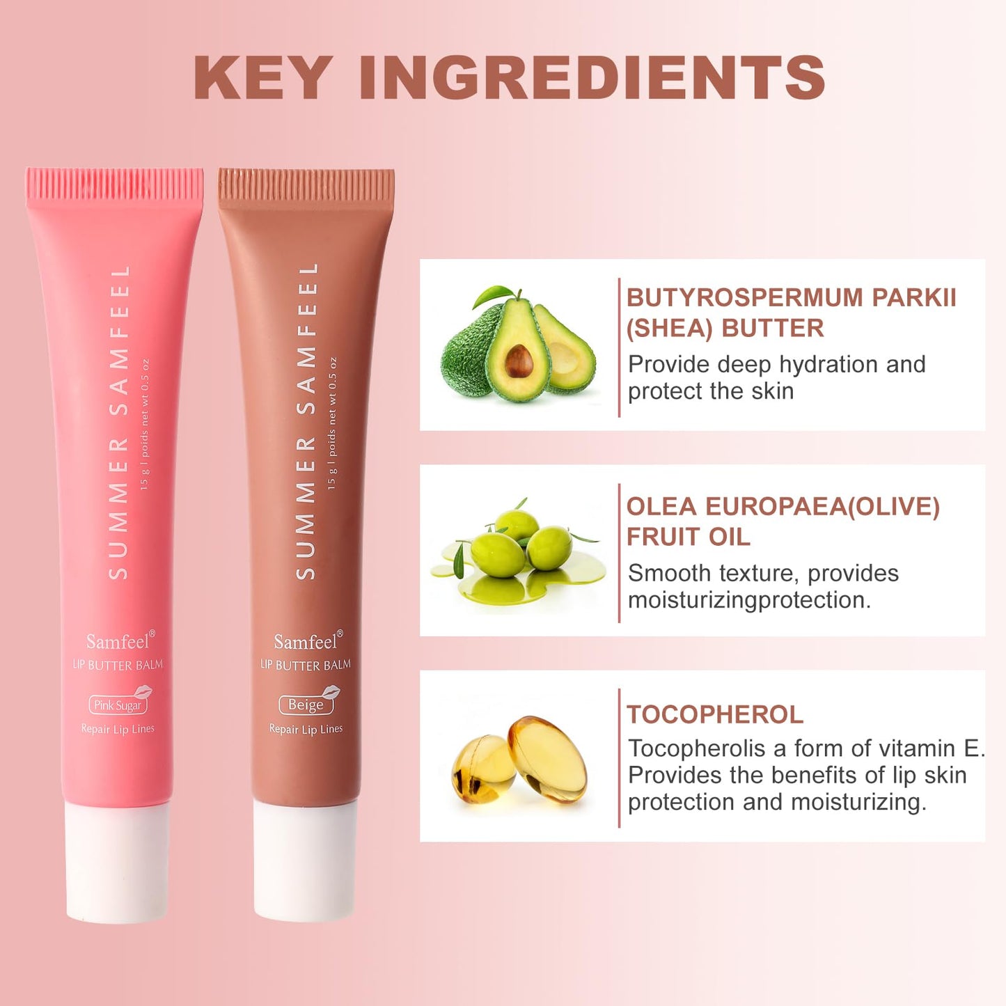 4 Pack Summer Samfeel Lip Balm Tinted Lip Butter Balm Gift Set -Conditioning Vegan Lip Balm for Instant Moisture, Shine & Hydration - Lip Gloss Lip Care (Pink Sugar+Birthday Cake+Vanilla+Beige, 15g)