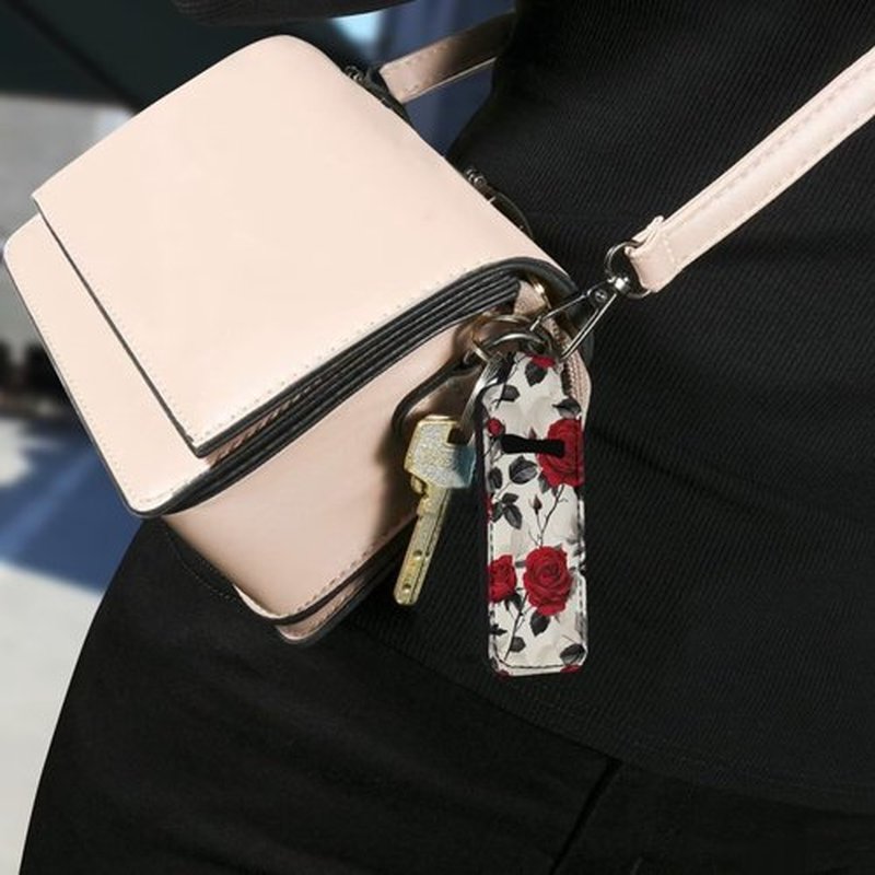 SEANATIVE Red Roses Lipstick Holder Keychain Neoprene Lip Balm Holder Portable Lip Gloss Keychain Pocket Keychain Clip-on Sleeve Chapstick Holder for Women Travel