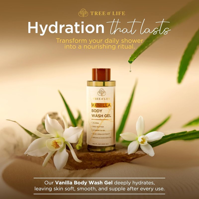 Tree of Life Vanilla Body Wash Gel - Moisturizing Shower Gel with Jojoba Oil & Shea Butter | 16.9 fl oz