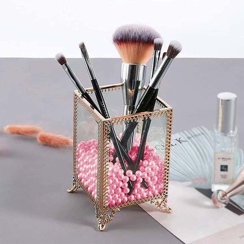 Makeup Brush Holder Vintage Glass Handmade Organizer with Pink Pearls for Nail Brush, Vanity, Bathroom, Dresser, Countertop - Gold