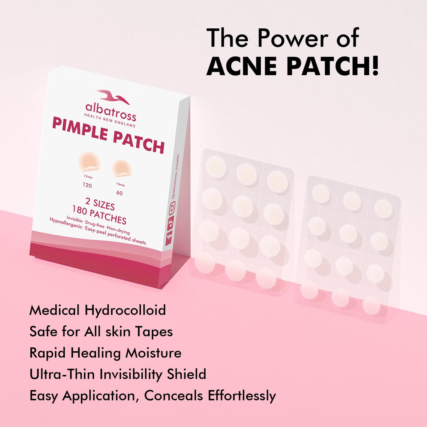 Albatross Health New England Invisible Pimple Patches for face, plain Hydrocolloid Acne Patches, HSA FSA eligible, Spot Dots Cover, Zit Blemish Patch, 2 Sizes 180 Counts
