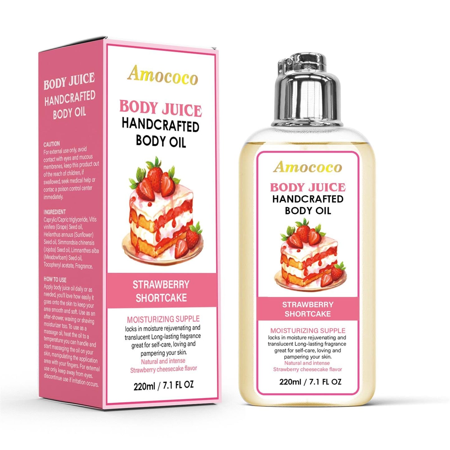 Amococo Strawberry Body Juice Oil, Moisturizing Dry Skin Care with Natural Oils, Lightweight Fast Absorbing Formula for Soft Smooth Skin, 7.1 Fl Oz